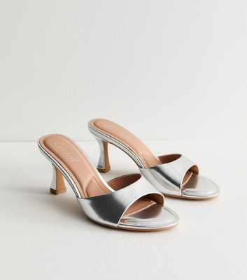 Silver Leather-Look Heeled Mule Sandals