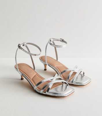 Wide Fit Silver Strappy Kitten Heel Sandals