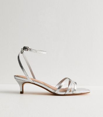 Wide Fit Silver Strappy Kitten Heel Sandals