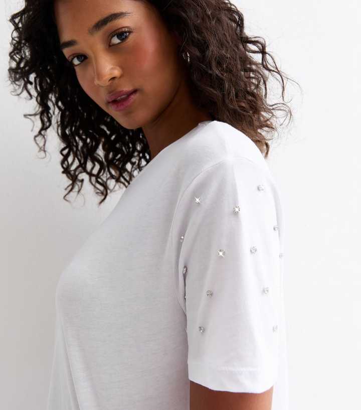 White Diamanté Embellished Cotton Boxy T-Shirt