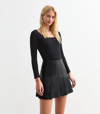 Tall Black Pleated Leather Look Micro Mini Skirt New Look