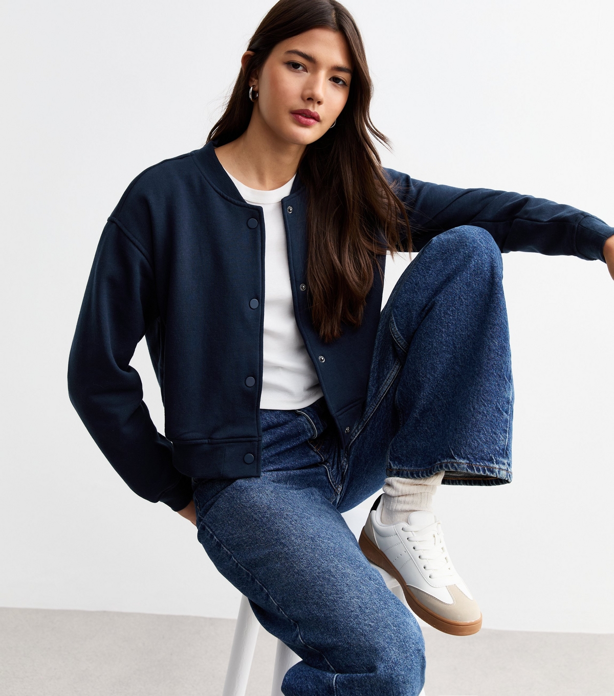 Women's Navy Jersey Bomber Jacket New Look