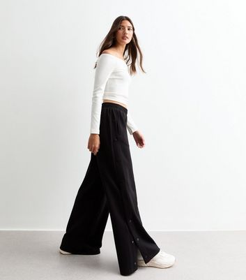 Black Scuba Popper Wide Leg Trousers New Look