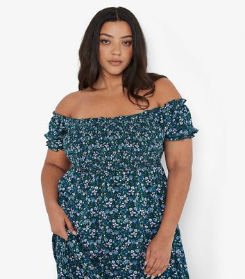 Green floral bardot dress best sale