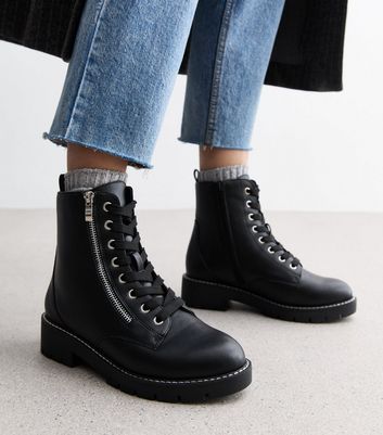 Black lace up flat boots womens online