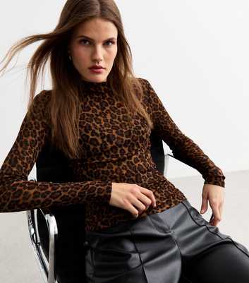 Brown Leopard Print Mesh Top