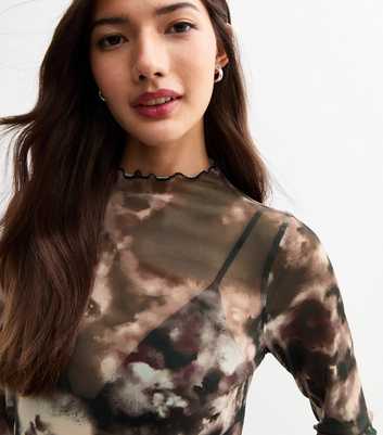 Brown Ink Print Mesh Long Sleeve Top