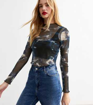 Blue Ink Print Mesh Long Sleeve Top