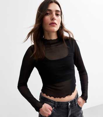 Black Long Sleeve Mesh Top 