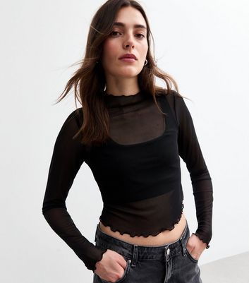 Black Long Sleeve Mesh Top New Look