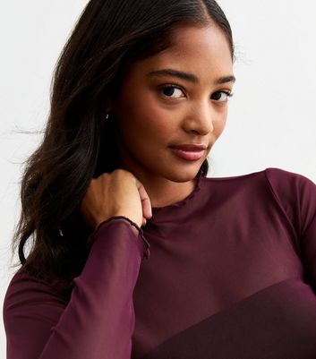 Burgundy Long Sleeve Mesh Top New Look