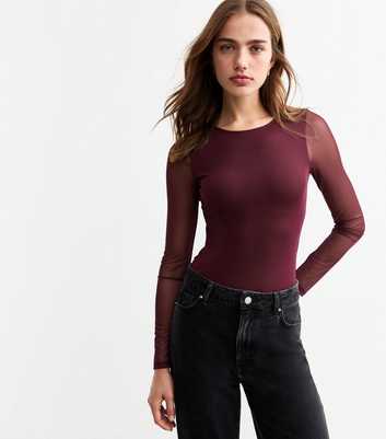 Burgundy Long Sleeved Mesh Bodysuit