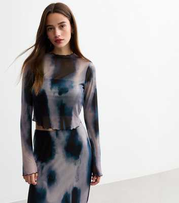 Blue Abstract Print Mesh Long Sleeved Top