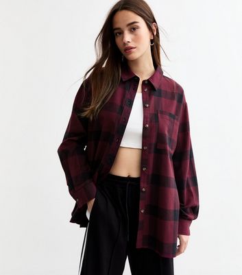 Burgundy Cotton Checked Oversized Shirt New Look