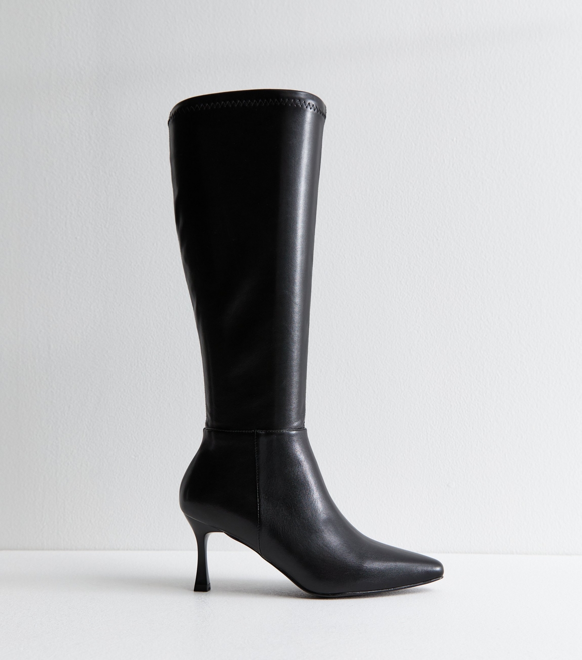 Women's Black Leather Look Knee High Stiletto Boots Vegan New Look