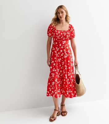 Red Floral-Print Square-Neck Smocked Midi Dress