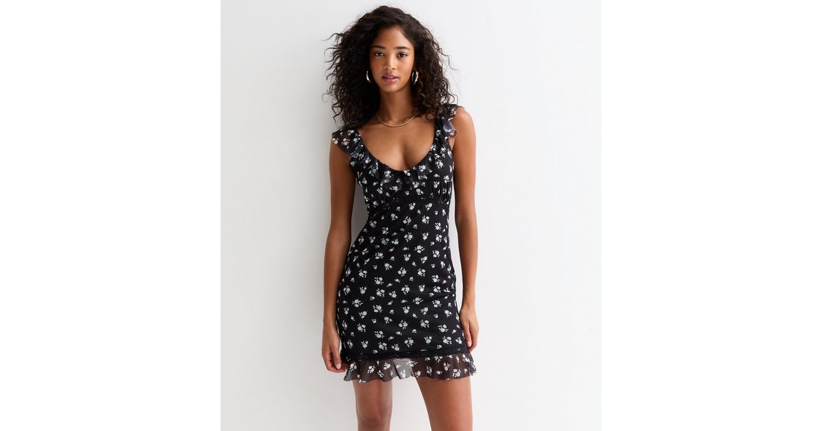 Anguilla Black Multi-Color Floral Layered Ruffle Smocked Halter Mini Dress