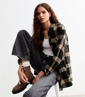 Brown Checked Cotton Oversized Shirt New Look