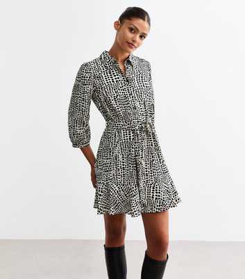 White Abstract Print Mini Shirt Dress