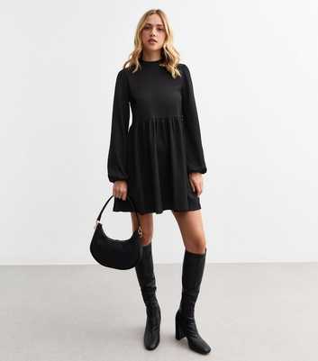 Black Funnel Neck Crinkled Mini Dress