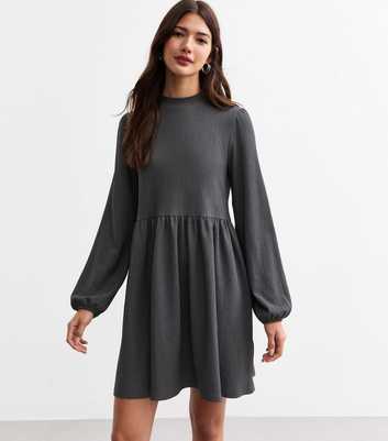 Dark Grey Funnel Neck Crinkle Textured Mini Dress