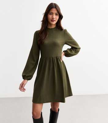 Khaki Funnel Neck Crinkled Mini Dress