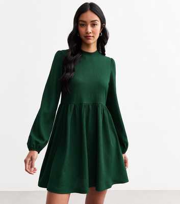 Dark Green Funnel Neck Crinkle Textured Mini Dress