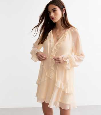 Cream Chiffon Ruffle Trim Mini Dress