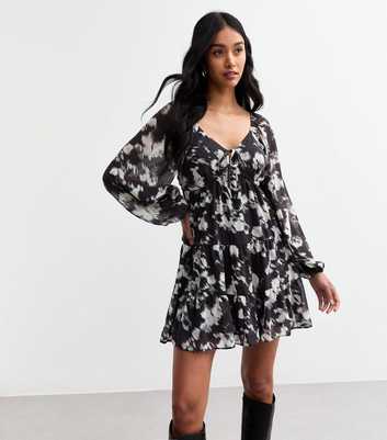 Black Blur Floral Print Chiffon Smock Mini Dress