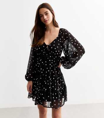 Black Polka Dot Chiffon Mini Smock Dress