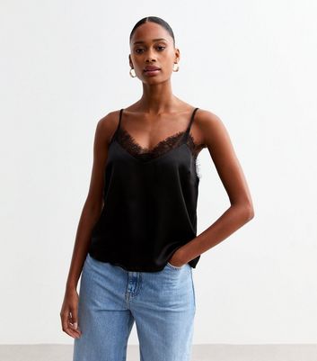 Black Satin Lace Trim Cami Top New Look