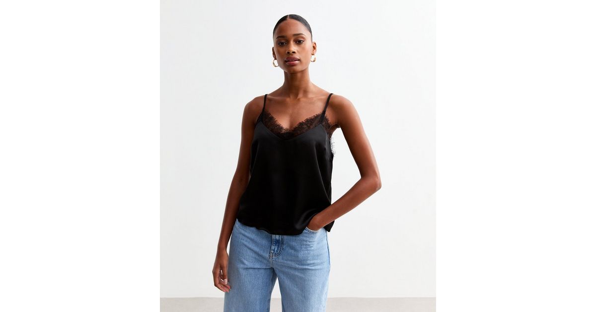 Black Satin Lace Trim Sweetheart Neckline Backless Camisole Tank Top main image 1