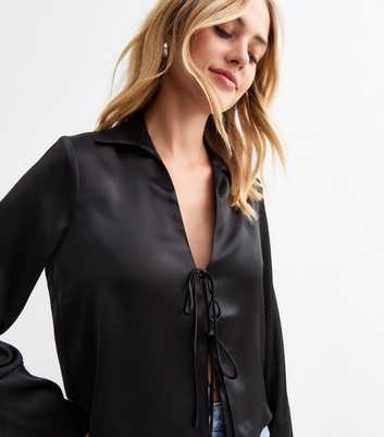 Black Satin Tie Front Shirt 