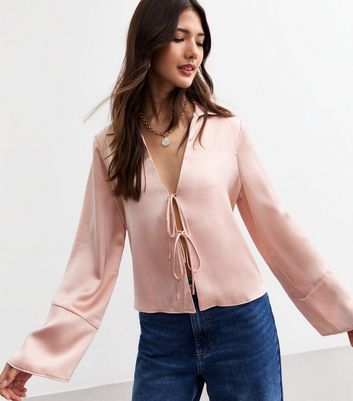 Pink Satin Tie Front Shirt New Look