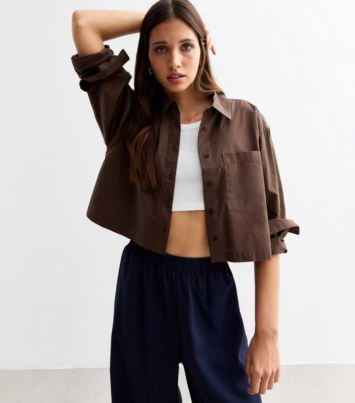 Brown Poplin Cotton Crop Shirt 