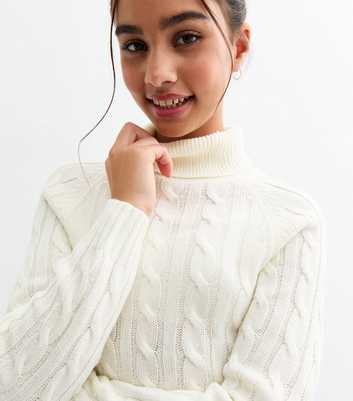 Girls Off White Fitted Cable Knit Roll Neck Jumper