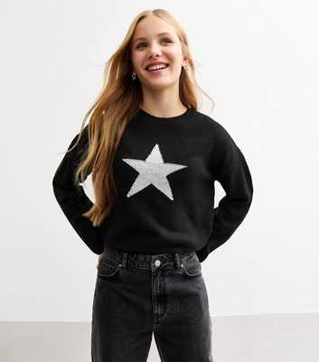 Girls Black Glitter Star Embroidered Jumper