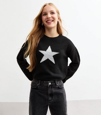 Girls Black Glitter Star Embroidered Jumper New Look