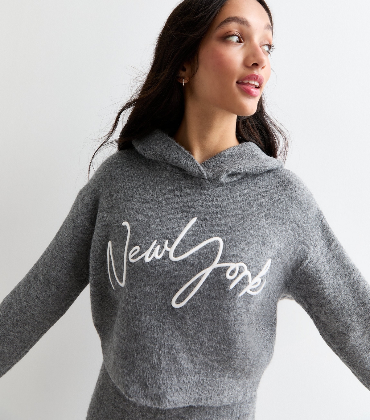 Girls' Dark Grey New York Knit Hoodie New Look