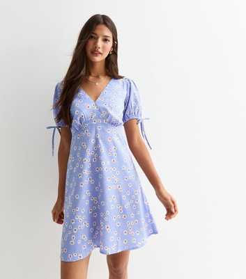 Blue Floral Print V-Neck Mini Dress