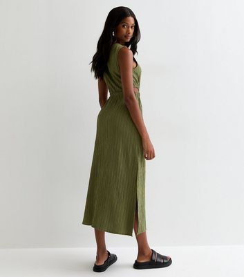 Khaki Green Crinkled Side Cutout Midi Dress New Look