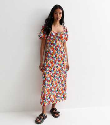 Multicolour Floral-Print Frill-Trim Midi Dress