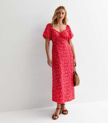 Red Floral-Print Frill-Trim Midi Dress