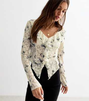 Cream Floral Lace Ruffled Long Sleeve Top 