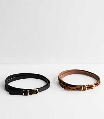 2 Pack of Black and Leopard Print Skinny Belts