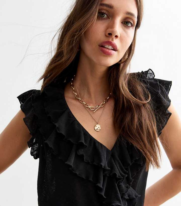 Black Ruffled V-Neck Top