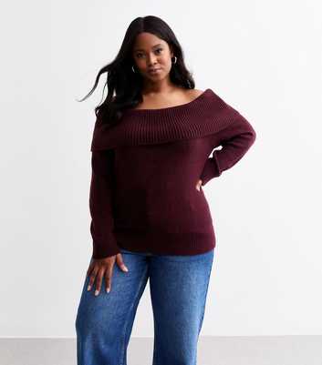 Curves Burgundy Knit Bardot Neck Jumper