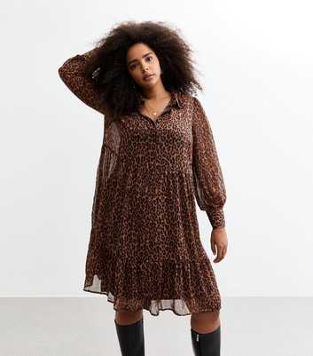 Curves Brown Leopard Print Chiffon Mini Shirt Dress