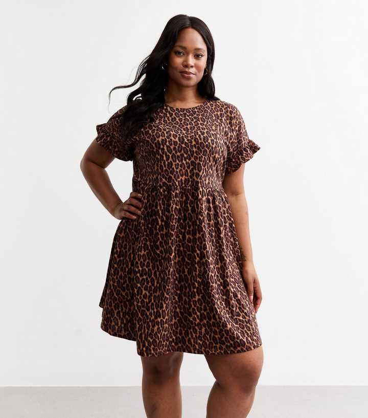 Curves Brown Leopard Print Mini Babydoll Dress