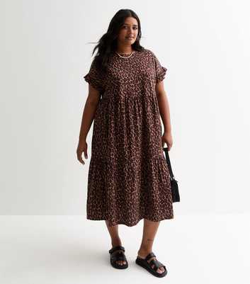 Curves Brown Leopard Print Midi Smock Dress